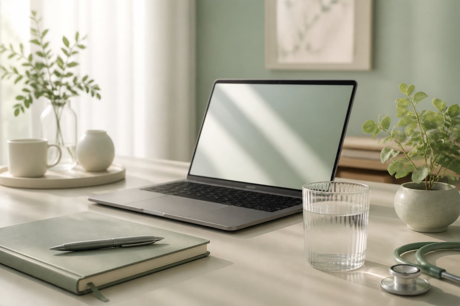 Calm home workspace prepared for a virtual medical appointment
