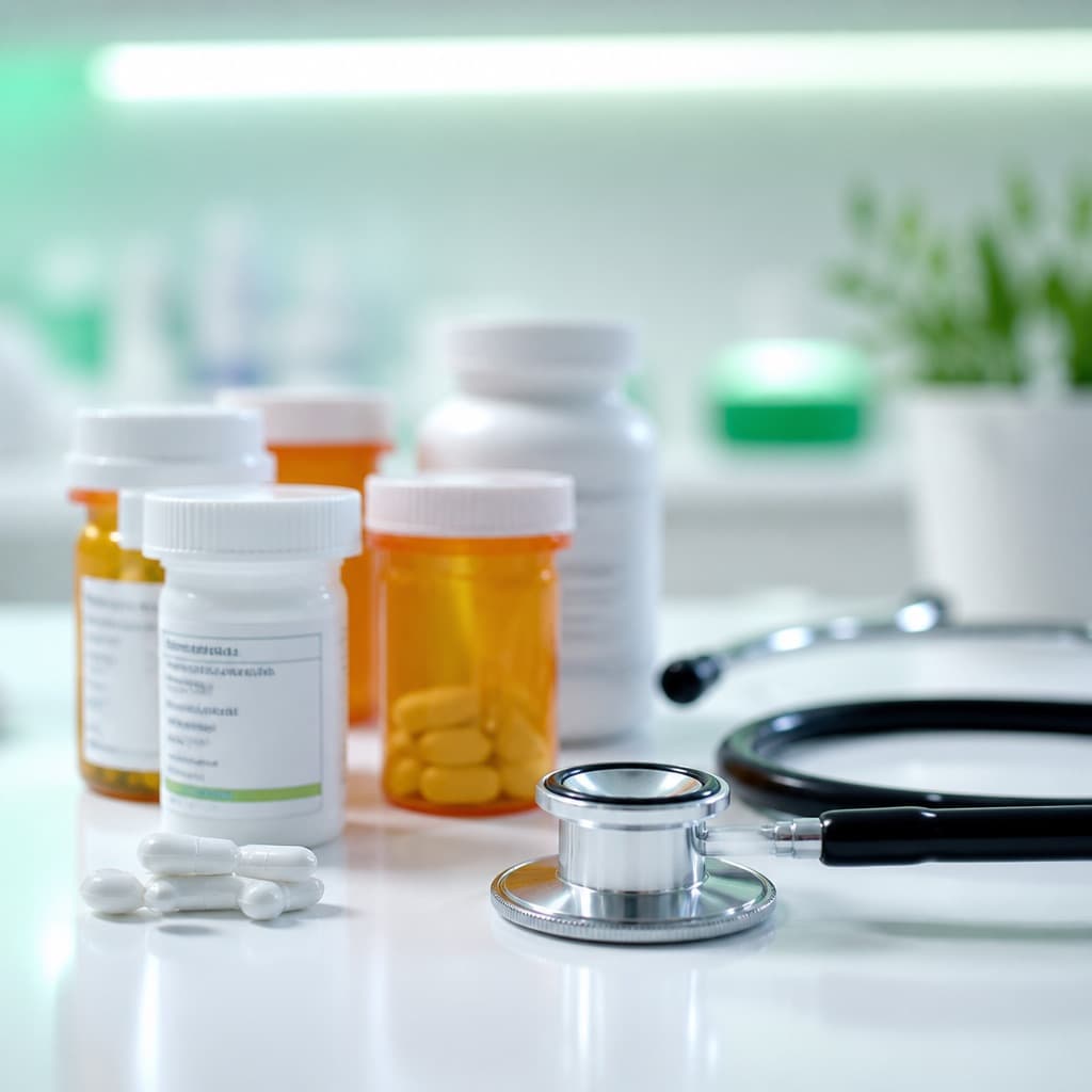 Clinical still life suggesting medication review and pharmacy care