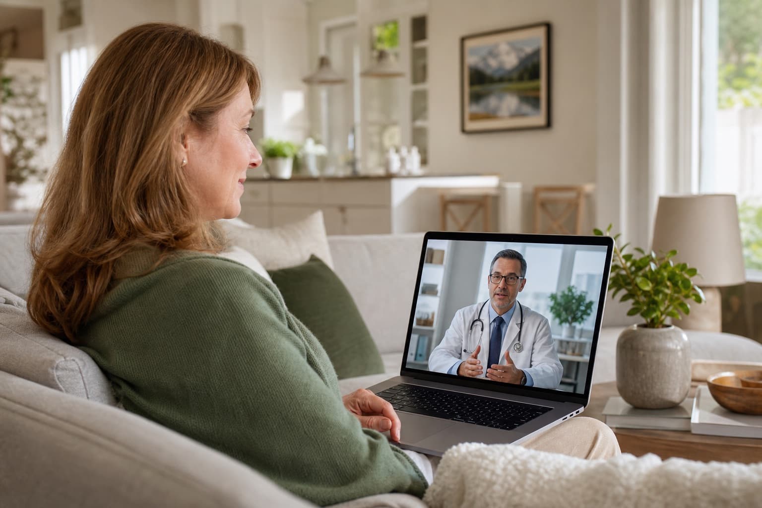 Patient speaking with a physician during a secure virtual care appointment from home