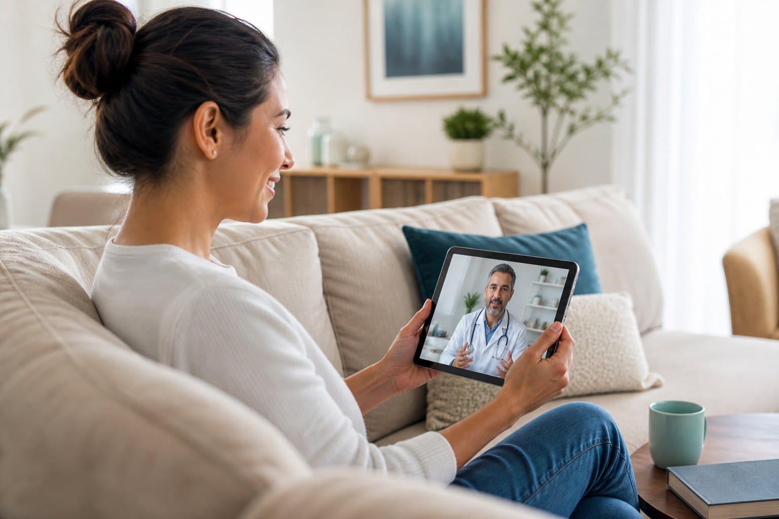 Family member using a tablet for a virtual care visit